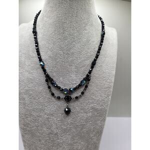 Robert Rose Signed Black Bead Necklace Aurora Glass Drop Vintage Gothic